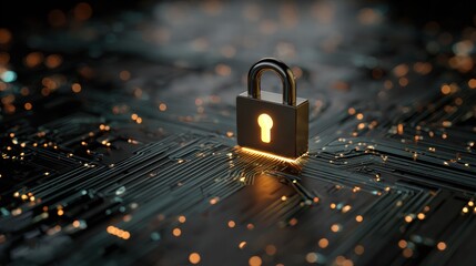 Secure Circuitry: A digital padlock, bathed in a warm glow, rests atop a complex circuit board, symbolizing robust data protection and network security.