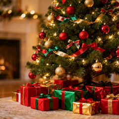 Christmas tree with gifts, decorations, baubles, and presents.