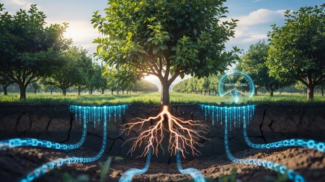 Tree roots in soil with digital moisture level analysis interface
 - Powered by Adobe
