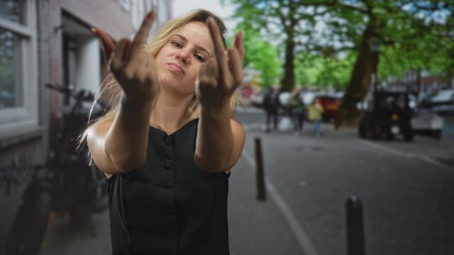 Young blonde woman shows both middle fingers to camera on city street, clenched face and outstretched hands in focus; defiance.