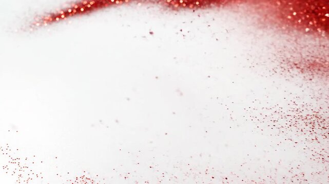 An abstract close-up view of sparkling red glitter scattered across a bright white surface with a shallow depth of field creating bokeh effects