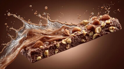 A chocolate bar studded with almonds and hazelnuts, with creamy milk chocolate splashing across it. Concept Almond and hazelnut chocolate bar, Milk chocolate splash shot, Nutty crunch textures