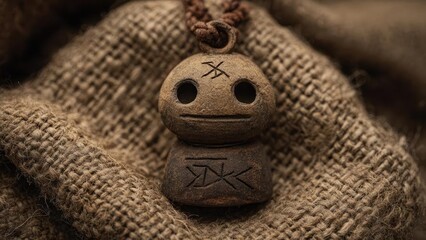 Rusty bead pendant shaped like a round-headed figure with two eye holes and a straight mouth, carved with runes, resting on burlap. Concept Rusty bead pendant, Round-headed figure, Runic carving