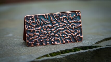 Copper business card with hammered texture on grey slate with moss.
