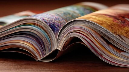 An open glossy magazine with vibrant, colorfully printed pages fanned and curling. Concept Glossy Magazine, Vibrant Colors, Fanned Pages, Curling Edges, Open Layout