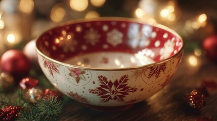 A festive serving bowl with a holiday pattern,