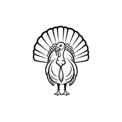 Black and white line art turkey with fanned tail bird 1
