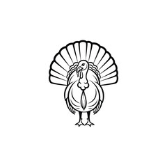 Black and white line art turkey with fanned tail bird