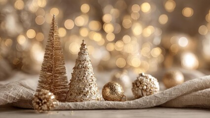 Gold Christmas decorations: two cone-shaped trees, glittering ornaments, and warm bokeh lights. Concept Gold Christmas decorations, Cone-shaped trees, Glittering ornaments, Warm bokeh lights