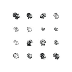 Collection of black and white turkey icons in various poses