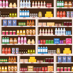Seamless pattern supermarket shelves with assortment goods