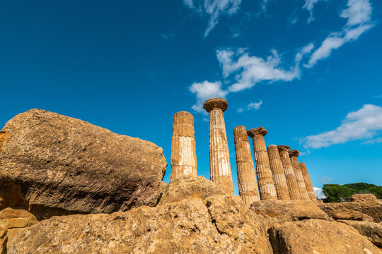 Ancient Greek Temples Against a Clear Sicilian Sky