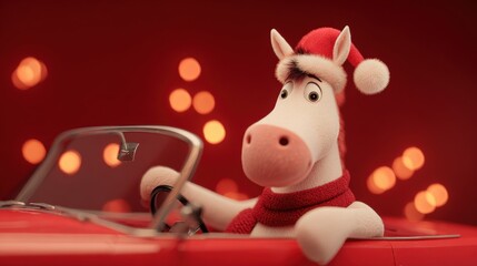 Naklejka premium A white horse driving a car, a symbol of the new year 2026, on a red background with highlights