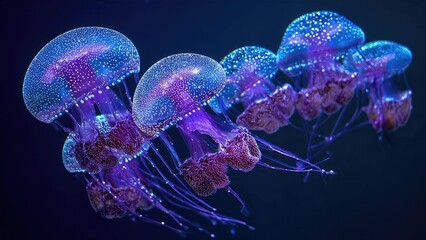 A group of bioluminescent purple-blue jellyfish with speckled bells drifting in dark blue water Concept Bioluminescent jellyfish in deep blue sea, Purple-blue glow with speckled bells