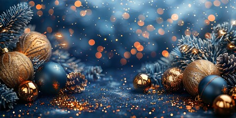 Panoramic Christmas Ornaments and Pine Branches with Bokeh Lights