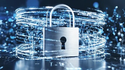Digital security padlock with glowing data streams and network connections - Powered by Adobe