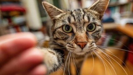 Close-up of a tabby cat reaching toward the camera with big green eyes and long whiskers. Concept Cat Close-Up, Tabby Portrait, Green-Eyed Cat, Whiskers Detail, Reaching Toward Camera