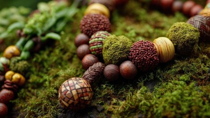 Colorful natural seed and wood beads strung together on a mossy surface. Concept Nature Jewelry, Seed Beads, Wood Beads, Moss Texture, Rustic Macro