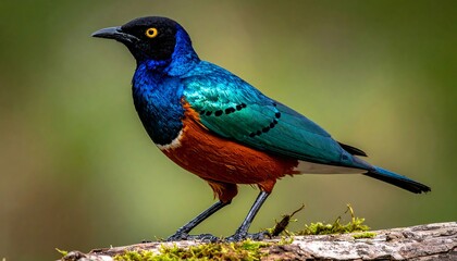 Vibrant bird with iridescent blue, orange, and green plumage perched on a mossy branch against a blurred green background
