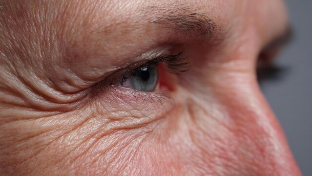 Close-up of a blue eye with deep wrinkles and crow&rsquo;s feet around the eye. Concept Close-Up Eye Portrait, Blue Eye Macro, Wrinkles and Crow's Feet, Eye Texture and Details, Aging Beauty