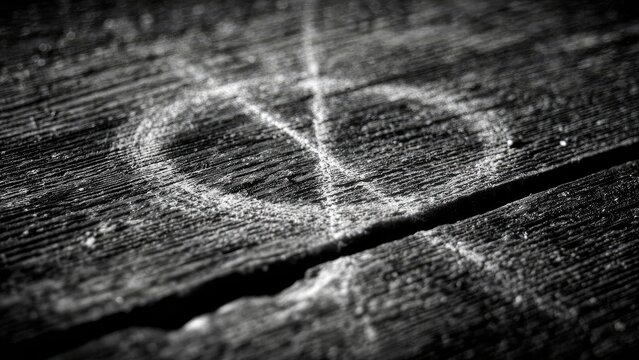 Chalk-drawn heart on a rough, dark wooden surface. Concept Chalk art, Heart drawing, Rough wood texture, Dark wooden surface, Close-up