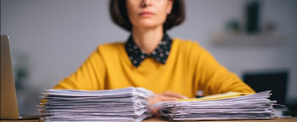 gal juggling budget papers at her workstation during year-end reporting