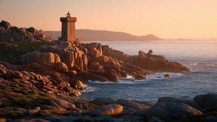A small stone lighthouse perched on a rocky coastline at sunset, waves gently crashing against the rocks. Concept Sunset lighthouse on rocky coastline, Stone lighthouse by crashing waves