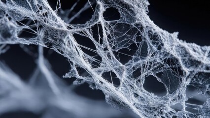 Close-up of a spider web coated with frost, its delicate icy threads forming crystal-like patterns. Concept Frosty spider web close-up, Delicate ice crystals on silk threads