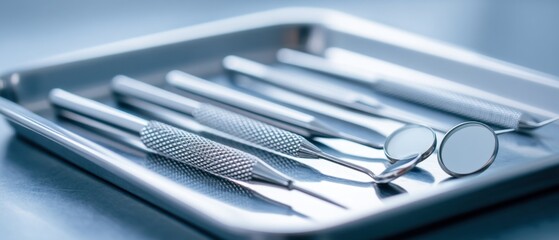 Dental instruments on metal tray in close up