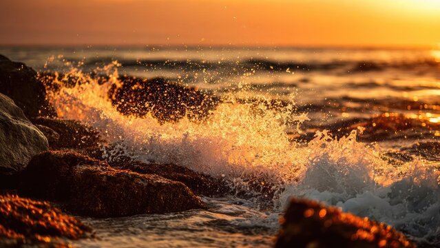 Golden sunset over a rocky coastline as waves crash and spray glitter in the air. Concept Golden sunset seascape, Rocky coastline, Crashing waves, Glittering spray, Dusk light - Powered by Adobe