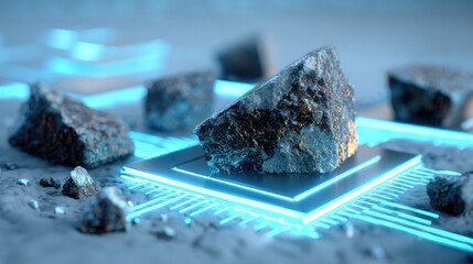 The Intersection of Earth and Technology: A close-up showcases a raw stone, illuminated by futuristic blue circuitry, symbolizing the fusion of nature's raw material with technological innovation.