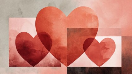 Abstract collage of overlapping red hearts on a geometric pink-beige background. Concept Abstract heart collage, Overlapping red hearts, Geometric pink-beige background, Love-themed art