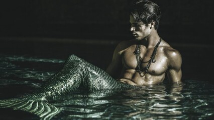 A shirtless man with a scaly mermaid tail lounging in dark water. Concept Dark-water mood, Shirtless man, Scaly mermaid tail, Relaxed lounging, Mythical aquatic hybrid