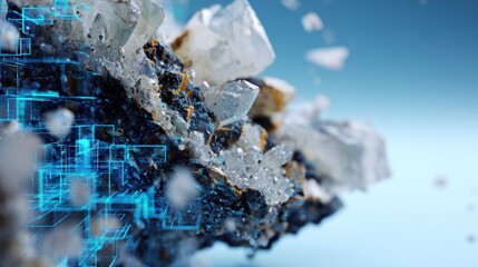 Digital Rock Transformation: A close-up view reveals a captivating fusion of nature and technology. Minerals crumble and transform, revealing digital circuits beneath.