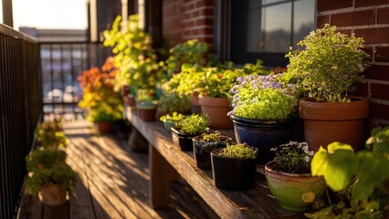 Naklejka premium Sunlit balcony lined with potted plants on a wooden railing, brick wall beside, city skyline in the distance. Concept Sunlit Balcony, Potted Plants, Wooden Railing, Brick Wall, City Skyline