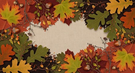 A serene autumn background with a pale golden gradient center framed by delicate, wind-swept leaves in orange, russet, and amber tones.
