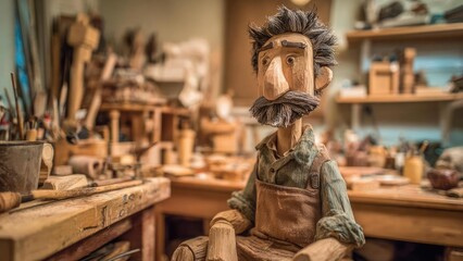 Wooden carved man with a mustache and beard wearing an apron sits in a cluttered woodworking workshop. Concept Carved wooden figure, Mustache and beard detail, Apron-wearing artisan