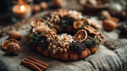 Festive wreath made from round cookies topped with pine cones, dried oranges, cinnamon sticks and pine needles. Concept Cookie wreath, Festive decor, Pine cones, Dried oranges, Cinnamon sticks
