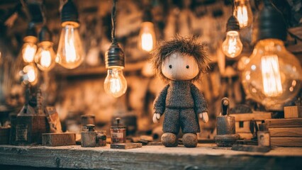 A small handmade cloth doll with shaggy hair stands in a warm workshop among vintage tools and glowing bulbs. Concept Handmade cloth doll with shaggy hair, Warm workshop atmosphere, Vintage tools