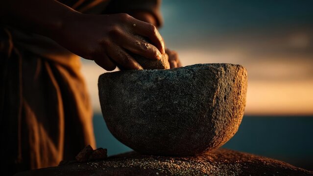 A hand grinding grains in a rough stone mortar with a pestle at sunset. Concept Hand grinding grains, Stone mortar and pestle, Sunset lighting, Rustic kitchen scene, Traditional cooking