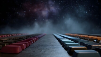 Rows of colorful buttons and keys stretch into a misty starry night sky evoking a futuristic command center