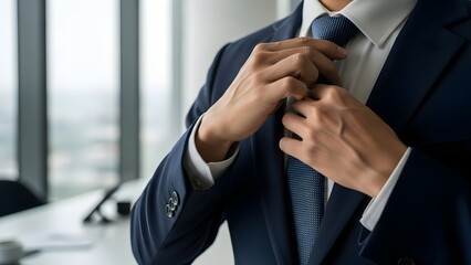 Hand adjusting tie or blazer, storytelling of confidence and leadership