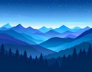 Stunning Blue Mountain Landscape with Forest and Starry Night Sky.