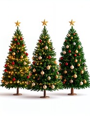 Fototapeta premium Three beautifully decorated Christmas trees with golden stars and festive ornaments, standing tall and bright against a clean white background, ready for holiday celebrations.