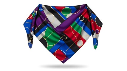 Vibrant multicolored silk scarf folded into a triangular shape, featuring a bold geometric pattern with abstract circles and lines.
