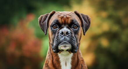 Fototapeta premium Boxer dog looks directly at the camera in a warm sunlit garden setting