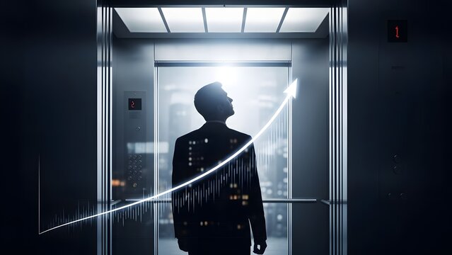 Business man silhouette in elevator, storytelling of upward mobility