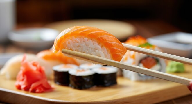 Sushi nigiri held by chopsticks above a platter of colorful maki rolls - Powered by Adobe