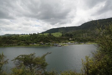 New Zealand Taupo Geothermal Park Cloudy Hillside Lakefront Village Under