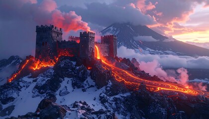 Stone castle on snowy mountain ridge, lava flowing down towards peak, under clouds at dusk